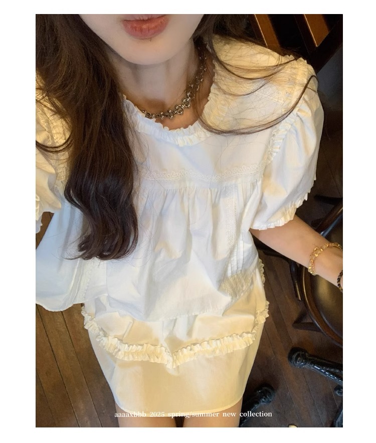 aaaaxbbb 千本樱特调 两色泡泡袖花边套装木耳边中袖上衣半身裙女 1 1746196671 详情图片 12
