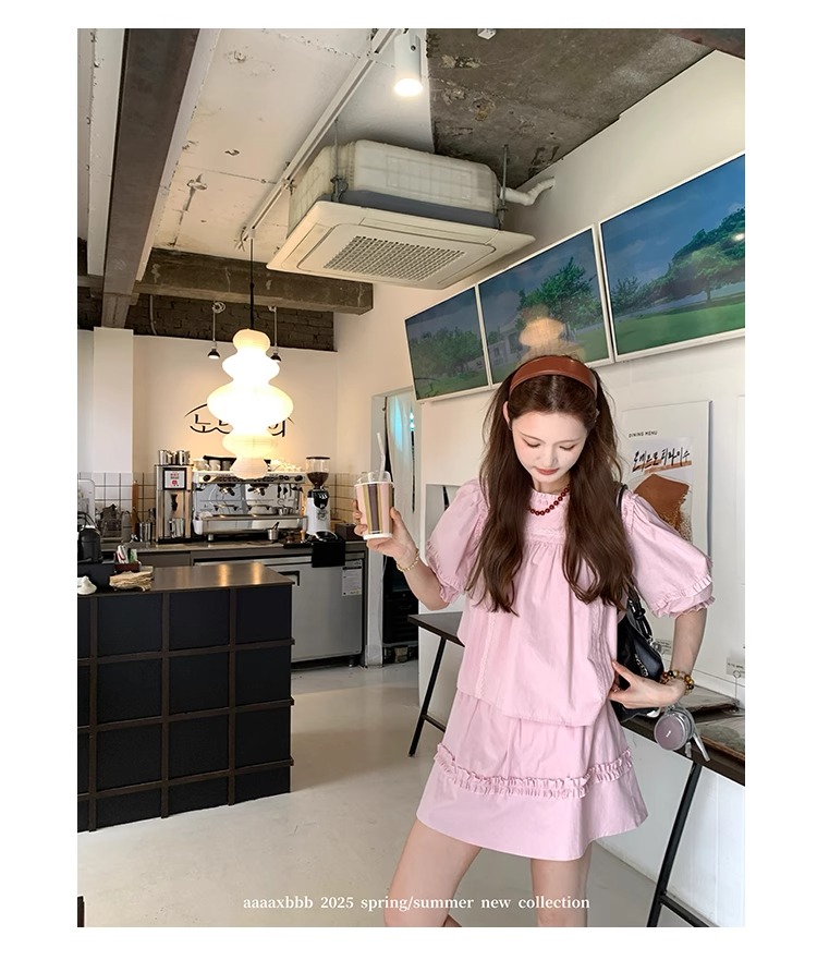 aaaaxbbb 千本樱特调 两色泡泡袖花边套装木耳边中袖上衣半身裙女 6 1746196671 详情图片 17