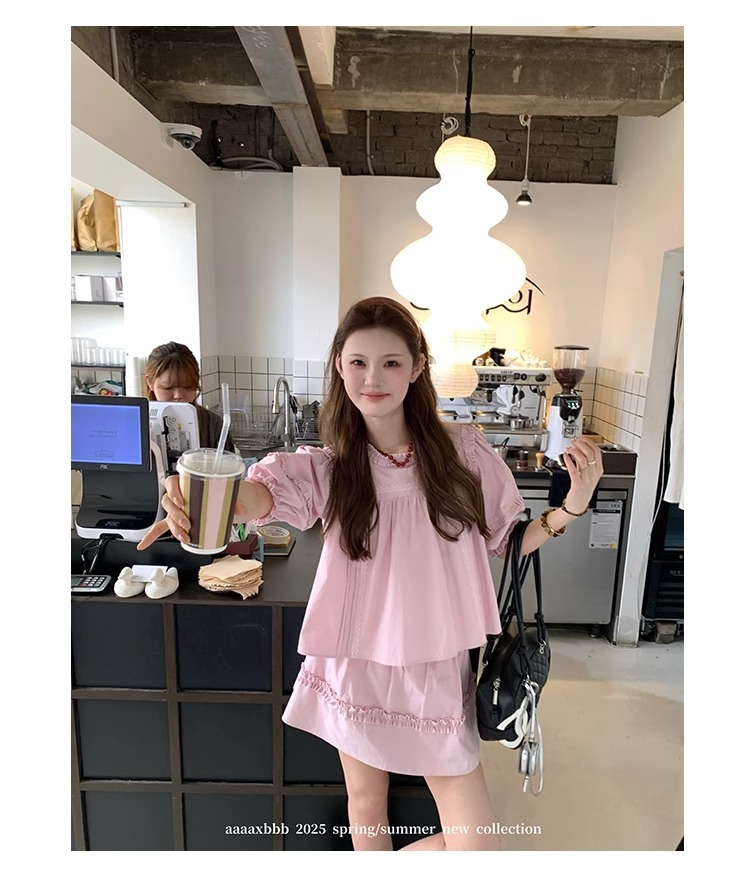 aaaaxbbb 千本樱特调 两色泡泡袖花边套装木耳边中袖上衣半身裙女 10 1746196671 详情图片 21