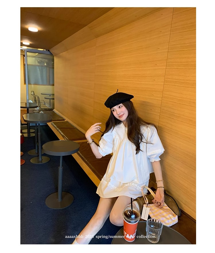 aaaaxbbb 千本樱特调 两色泡泡袖花边套装木耳边中袖上衣半身裙女 11 1746196671 详情图片 22