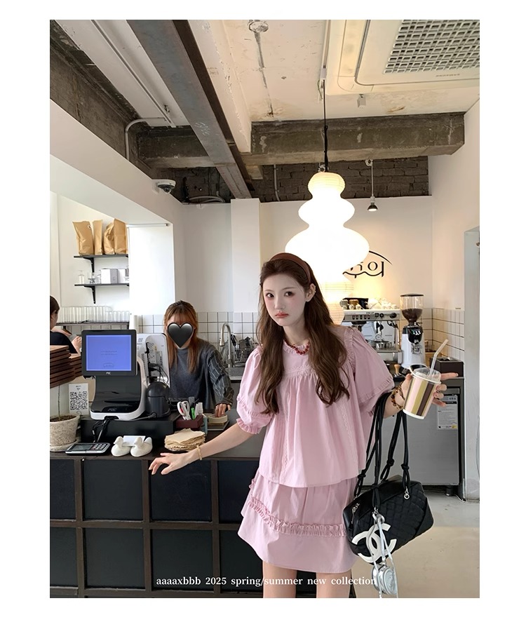 aaaaxbbb 千本樱特调 两色泡泡袖花边套装木耳边中袖上衣半身裙女 14 1746196671 详情图片 25