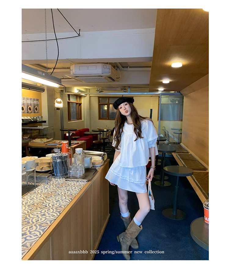 aaaaxbbb 千本樱特调 两色泡泡袖花边套装木耳边中袖上衣半身裙女 24 1746196672 详情图片 35