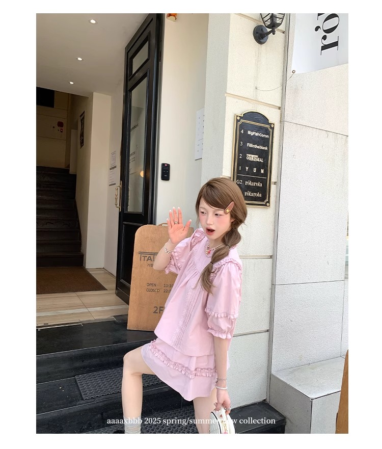 aaaaxbbb 千本樱特调 两色泡泡袖花边套装木耳边中袖上衣半身裙女 25 1746196672 详情图片 36