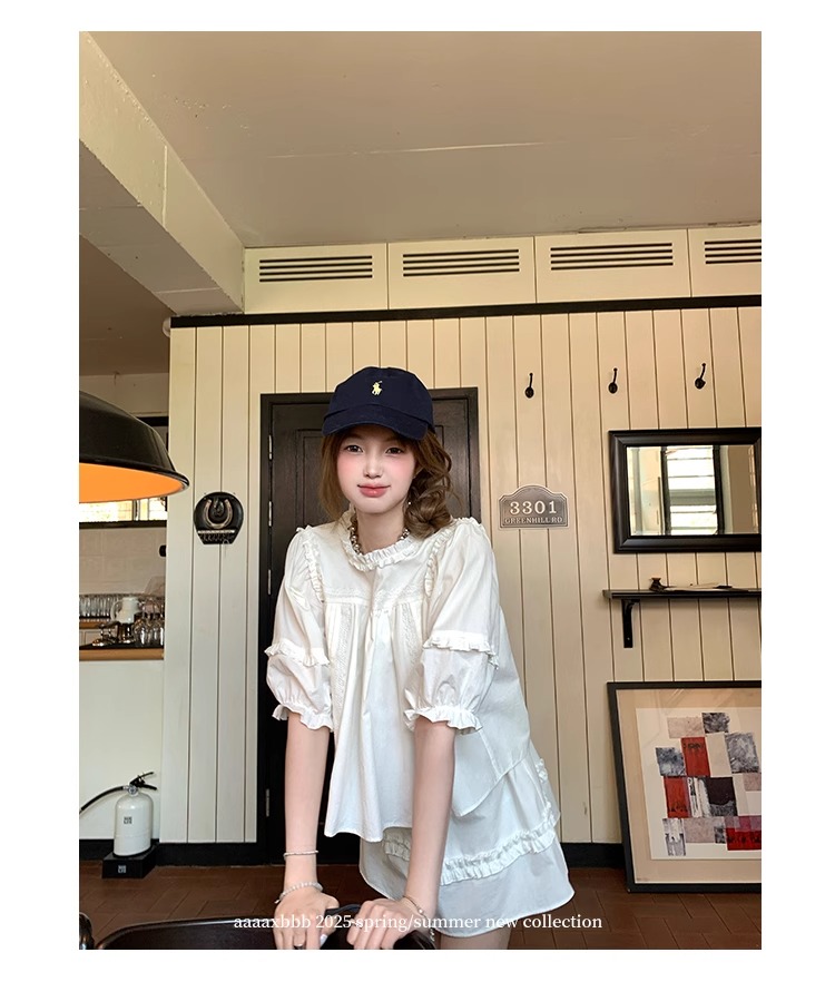 aaaaxbbb 千本樱特调 两色泡泡袖花边套装木耳边中袖上衣半身裙女 34 1746196672 详情图片 45