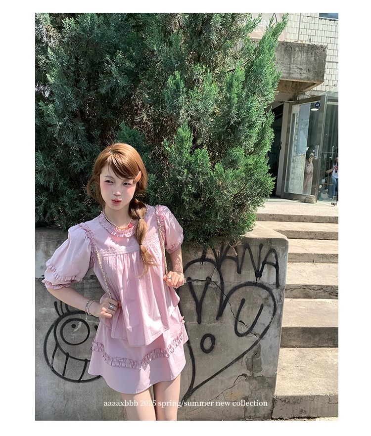 aaaaxbbb 千本樱特调 两色泡泡袖花边套装木耳边中袖上衣半身裙女 35 1746196672 详情图片 46