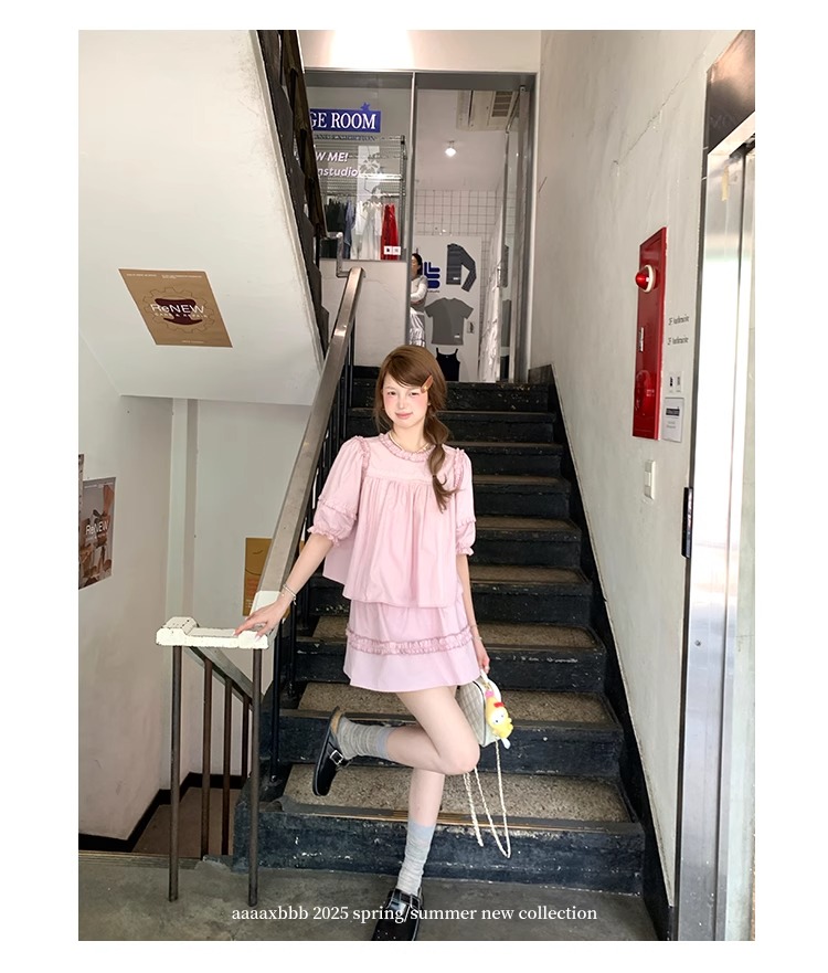 aaaaxbbb 千本樱特调 两色泡泡袖花边套装木耳边中袖上衣半身裙女 36 1746196672 详情图片 47