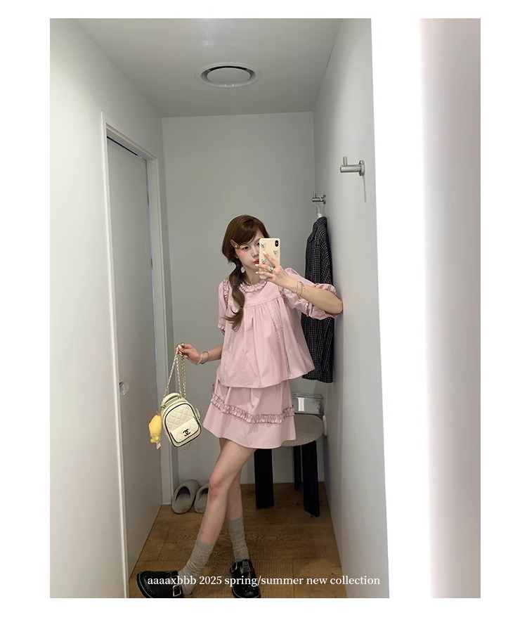 aaaaxbbb 千本樱特调 两色泡泡袖花边套装木耳边中袖上衣半身裙女 38 1746196672 详情图片 49
