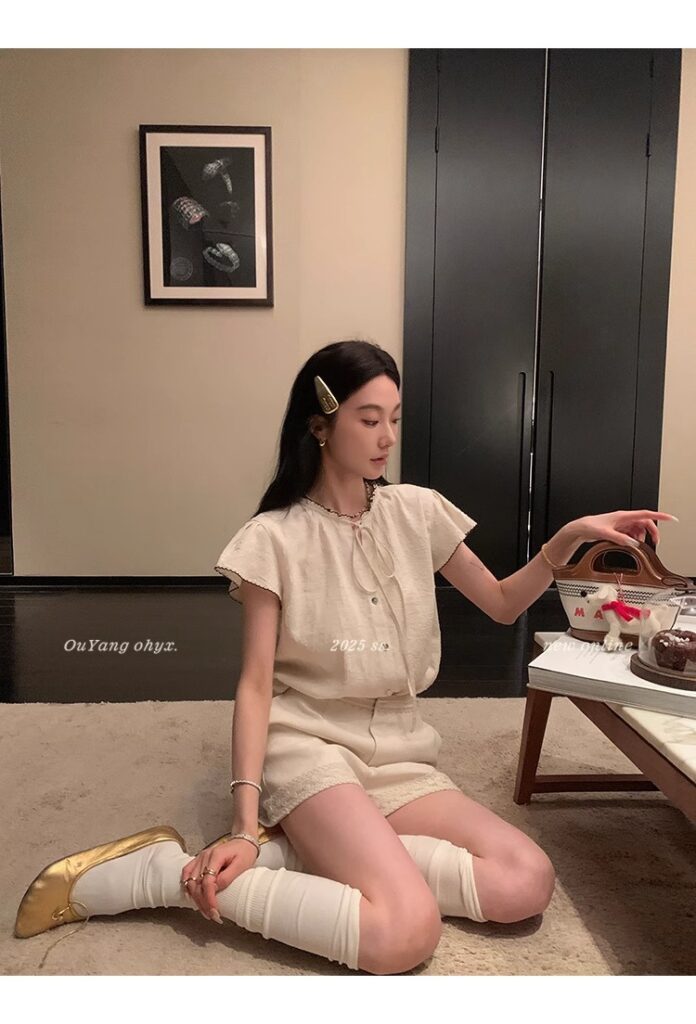 区区欧阳老钱风小飞袖衬衫女夏季设计感小众短袖衬衣撞色系带上衣 7 1746254475 详情图片 15