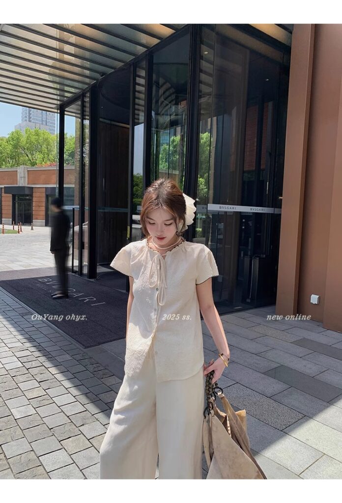 区区欧阳老钱风小飞袖衬衫女夏季设计感小众短袖衬衣撞色系带上衣 11 1746254475 详情图片 19