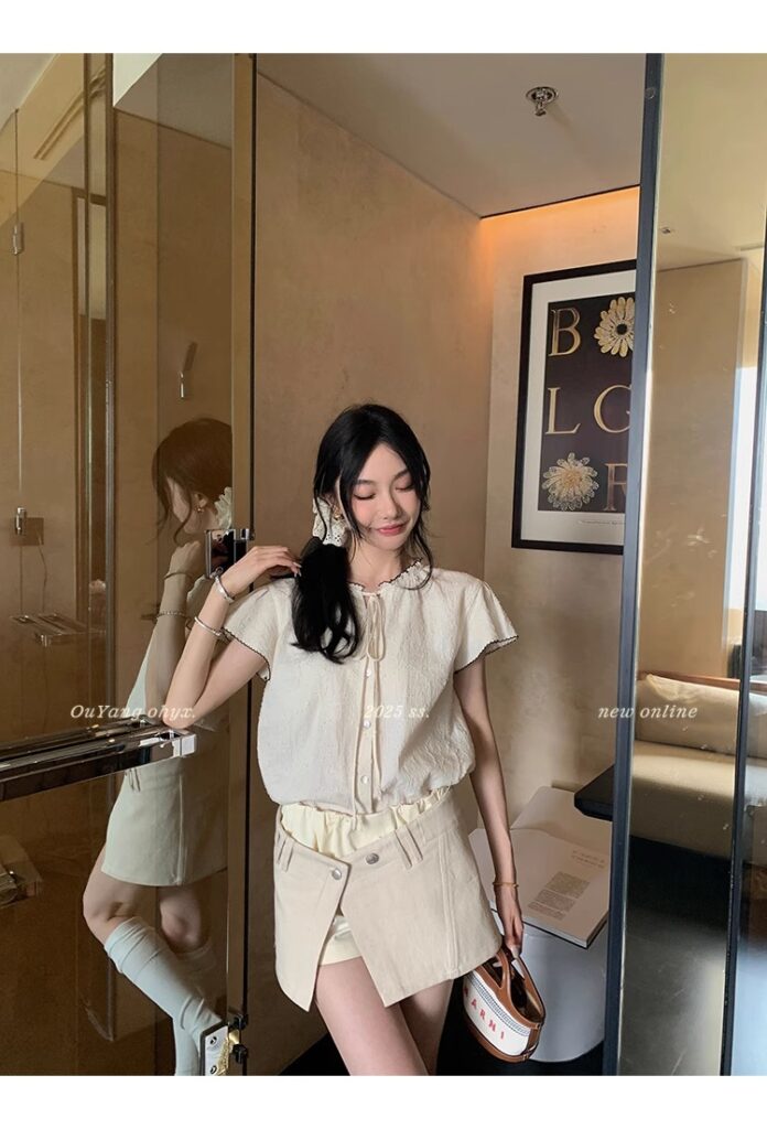 区区欧阳老钱风小飞袖衬衫女夏季设计感小众短袖衬衣撞色系带上衣 12 1746254475 详情图片 20