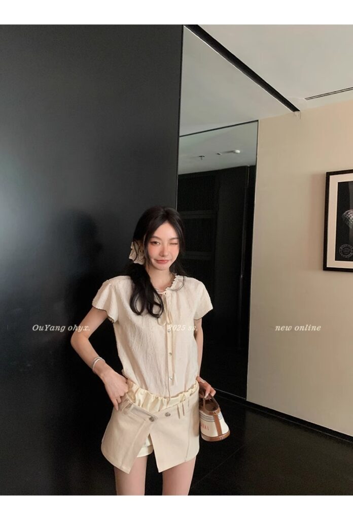 区区欧阳老钱风小飞袖衬衫女夏季设计感小众短袖衬衣撞色系带上衣 21 1746254476 详情图片 29