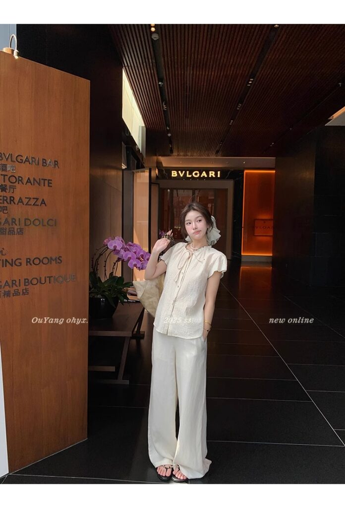 区区欧阳老钱风小飞袖衬衫女夏季设计感小众短袖衬衣撞色系带上衣 23 1746254476 详情图片 31