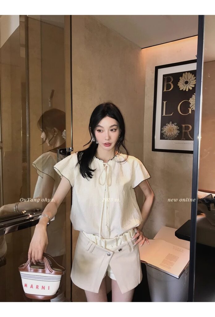 区区欧阳老钱风小飞袖衬衫女夏季设计感小众短袖衬衣撞色系带上衣 27 1746254476 详情图片 35