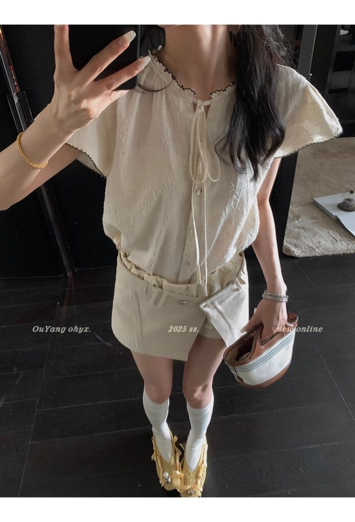 区区欧阳老钱风小飞袖衬衫女夏季设计感小众短袖衬衣撞色系带上衣 33 1746254476 详情图片 41