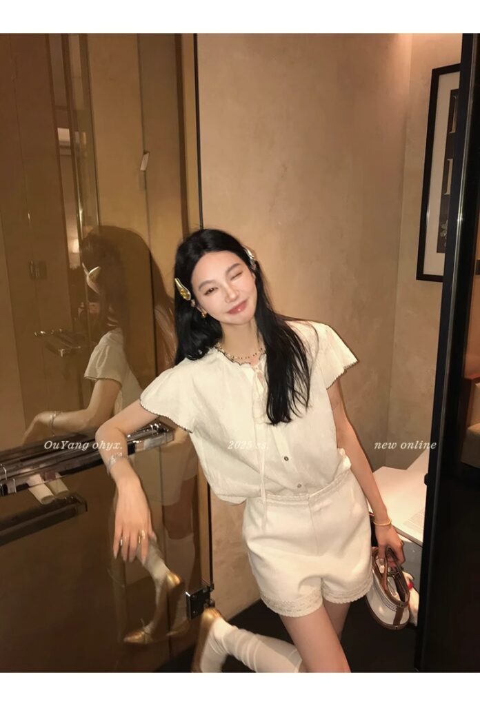 区区欧阳老钱风小飞袖衬衫女夏季设计感小众短袖衬衣撞色系带上衣 40 1746254476 详情图片 48