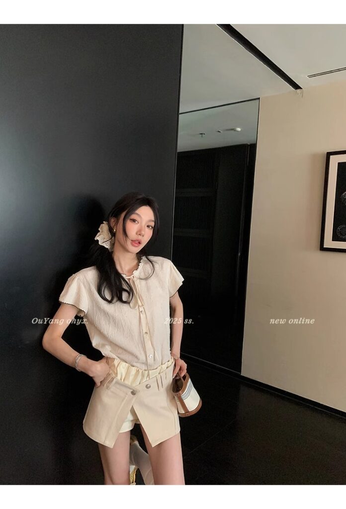 区区欧阳老钱风小飞袖衬衫女夏季设计感小众短袖衬衣撞色系带上衣 42 1746254476 详情图片 50