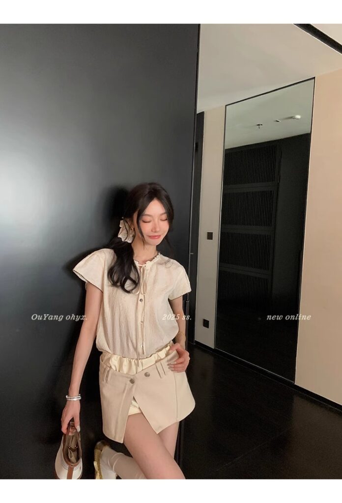 区区欧阳老钱风小飞袖衬衫女夏季设计感小众短袖衬衣撞色系带上衣 48 1746254476 详情图片 56