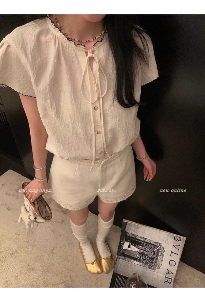 区区欧阳老钱风小飞袖衬衫女夏季设计感小众短袖衬衣撞色系带上衣 22 1746254477 详情图片 30