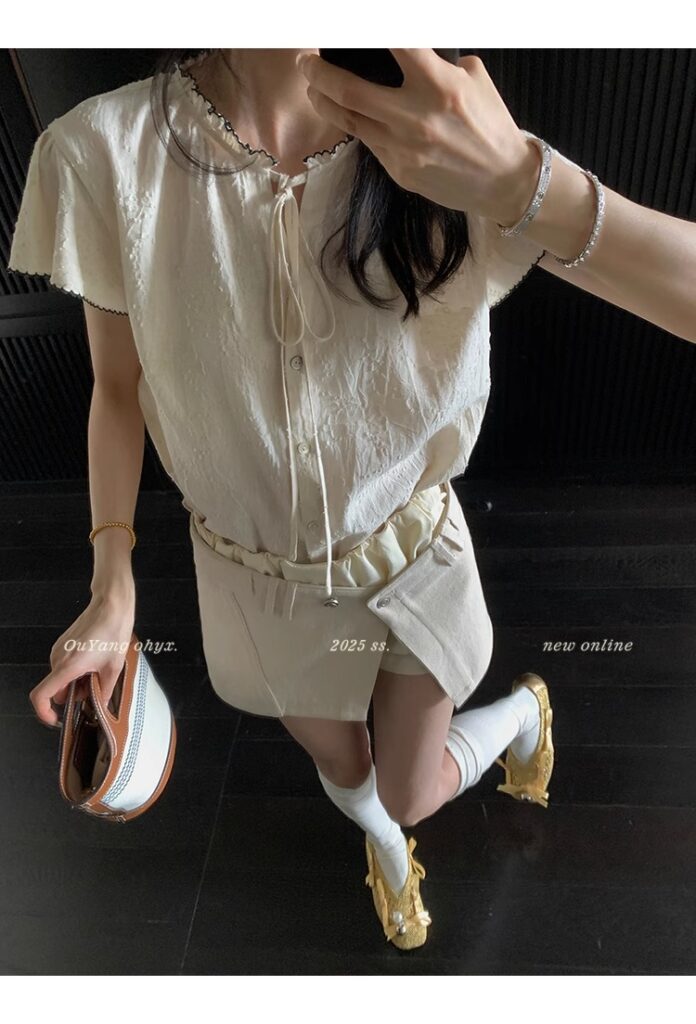区区欧阳老钱风小飞袖衬衫女夏季设计感小众短袖衬衣撞色系带上衣 24 1746254477 详情图片 32
