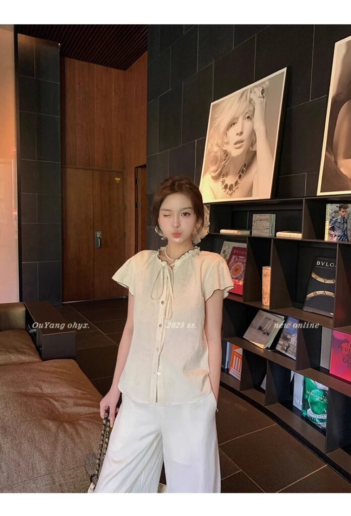 区区欧阳老钱风小飞袖衬衫女夏季设计感小众短袖衬衣撞色系带上衣 26 1746254477 详情图片 34