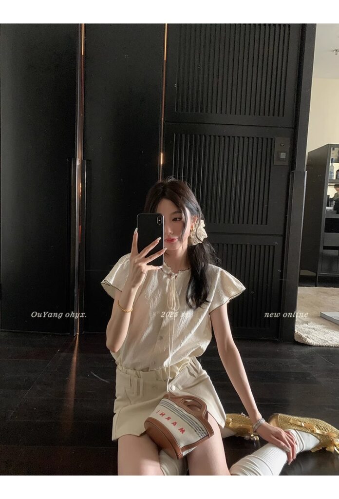 区区欧阳老钱风小飞袖衬衫女夏季设计感小众短袖衬衣撞色系带上衣 30 1746254477 详情图片 38