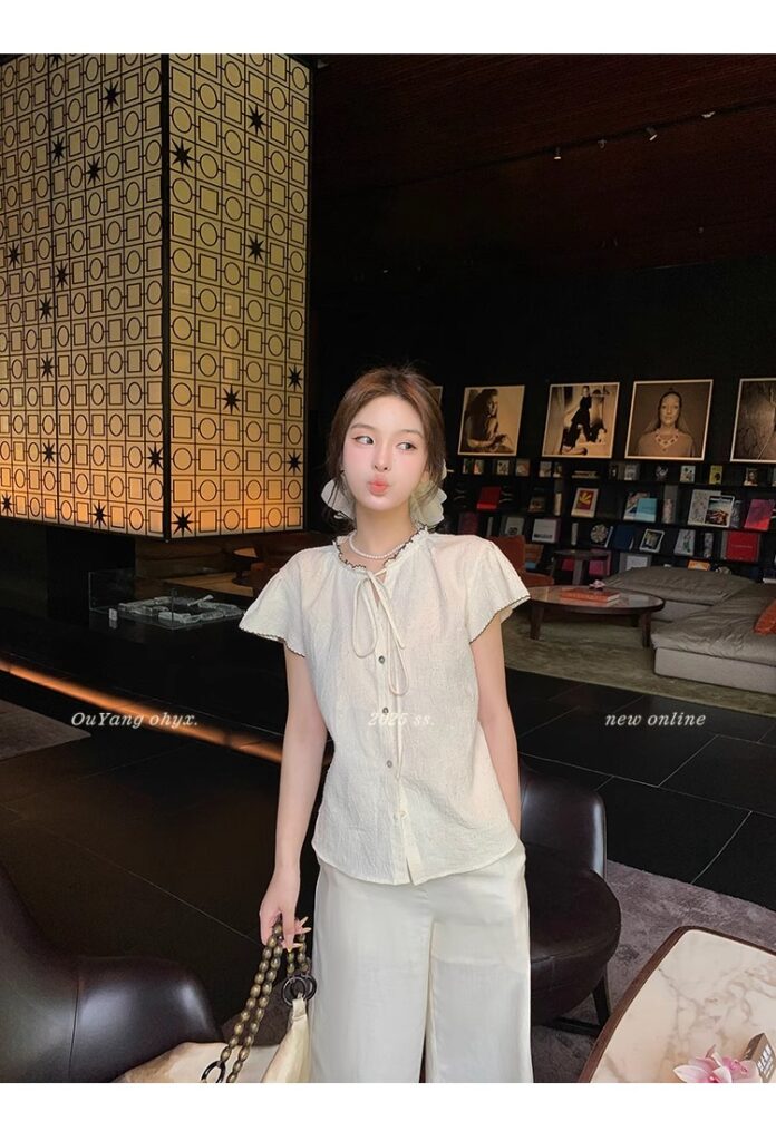 区区欧阳老钱风小飞袖衬衫女夏季设计感小众短袖衬衣撞色系带上衣 35 1746254477 详情图片 43
