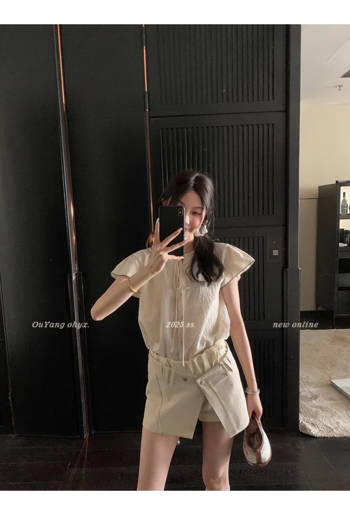 区区欧阳老钱风小飞袖衬衫女夏季设计感小众短袖衬衣撞色系带上衣 36 1746254477 详情图片 44