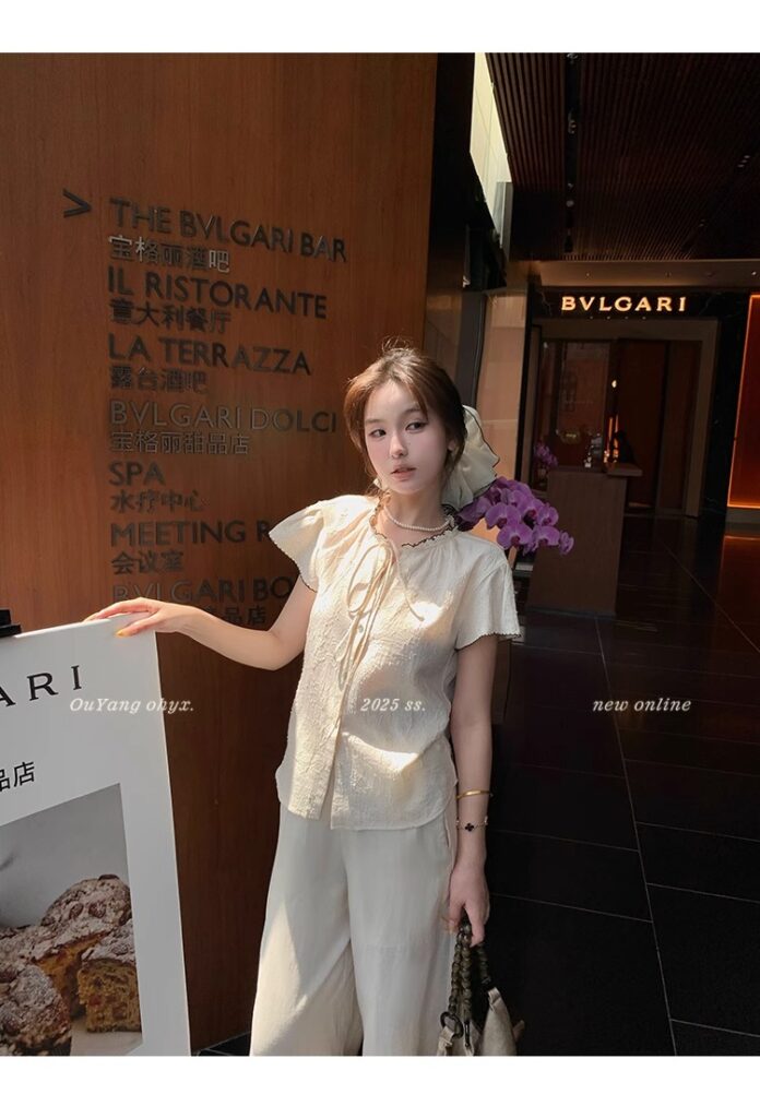 区区欧阳老钱风小飞袖衬衫女夏季设计感小众短袖衬衣撞色系带上衣 41 1746254477 详情图片 49