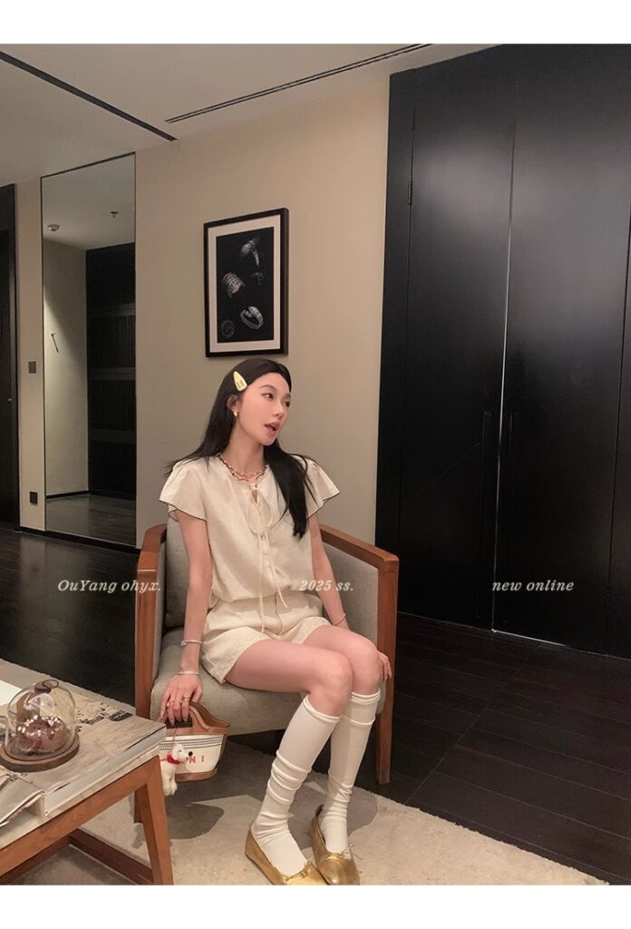 区区欧阳老钱风小飞袖衬衫女夏季设计感小众短袖衬衣撞色系带上衣 46 1746254477 详情图片 54