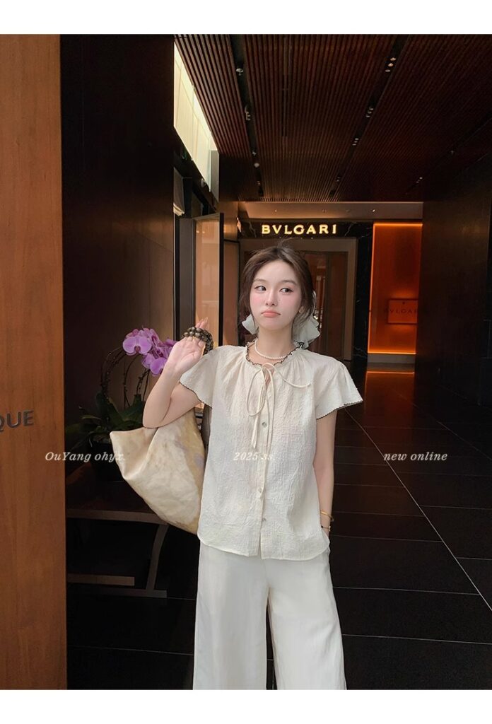 区区欧阳老钱风小飞袖衬衫女夏季设计感小众短袖衬衣撞色系带上衣 50 1746254478 详情图片 58