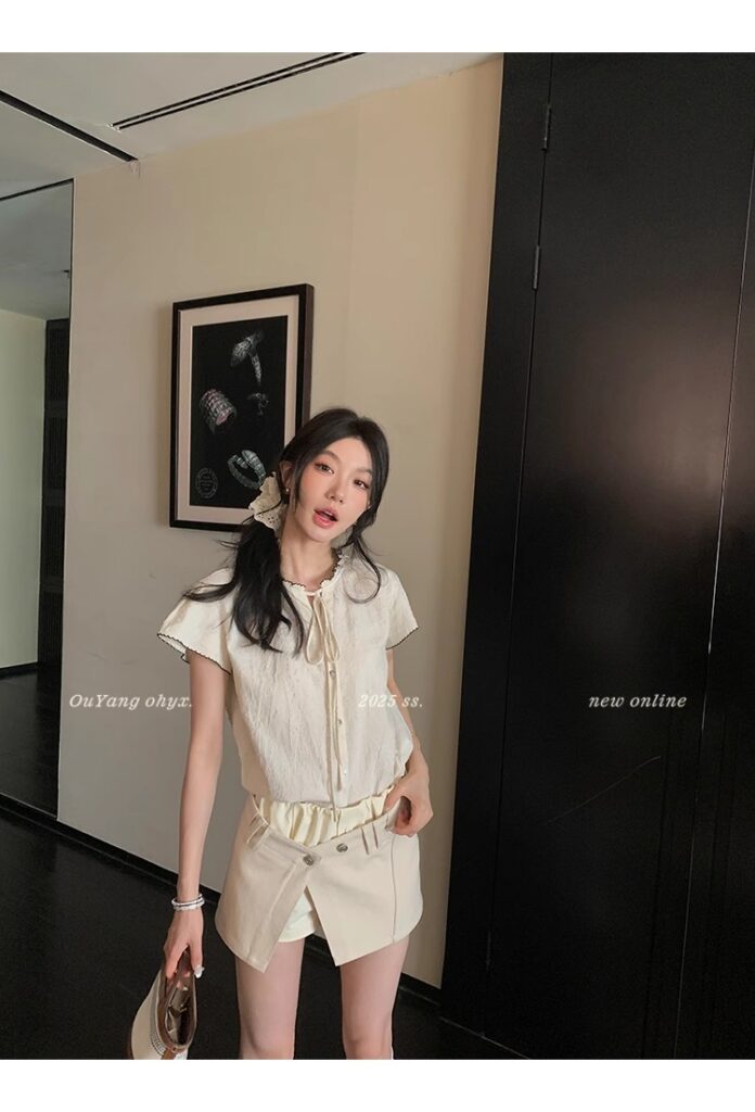 区区欧阳老钱风小飞袖衬衫女夏季设计感小众短袖衬衣撞色系带上衣 54 1746254478 详情图片 62