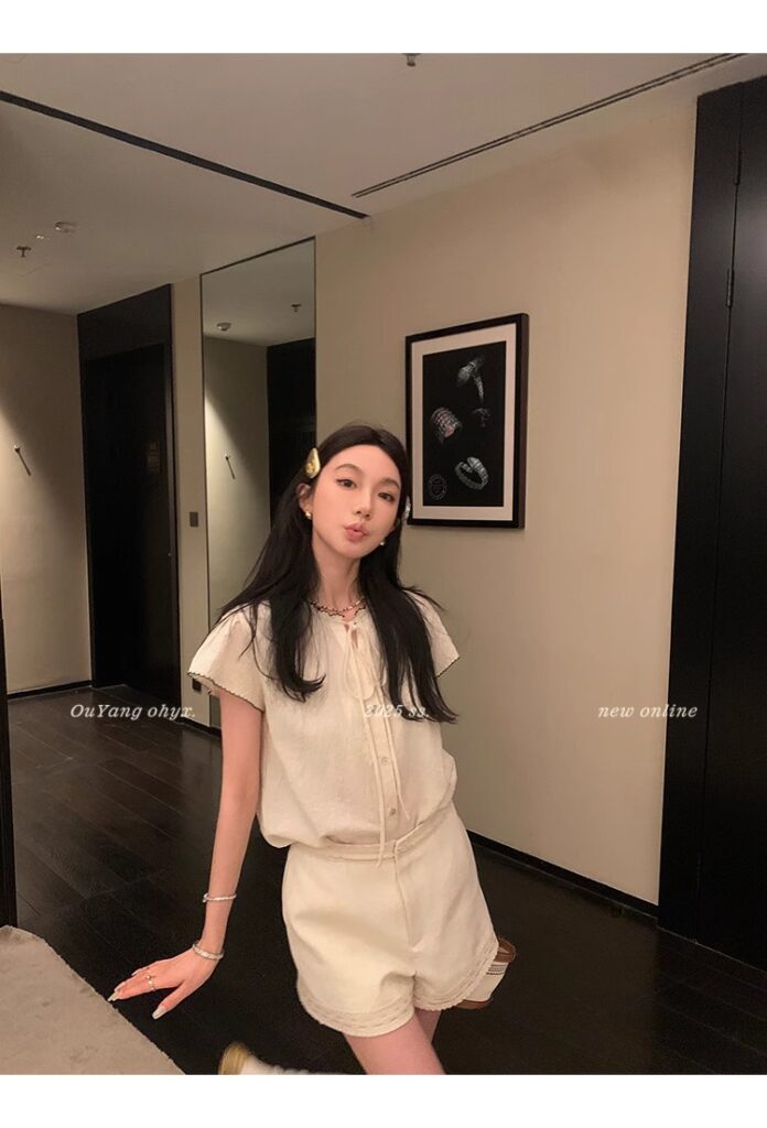 区区欧阳老钱风小飞袖衬衫女夏季设计感小众短袖衬衣撞色系带上衣 55 1746254478 详情图片 63