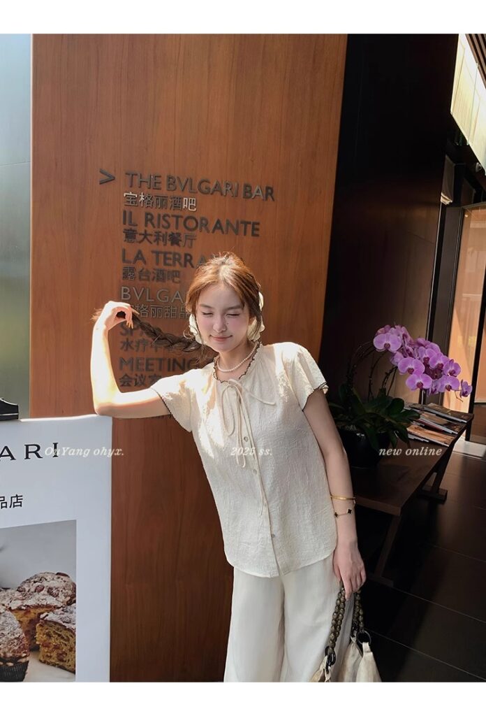 区区欧阳老钱风小飞袖衬衫女夏季设计感小众短袖衬衣撞色系带上衣 56 1746254478 详情图片 64