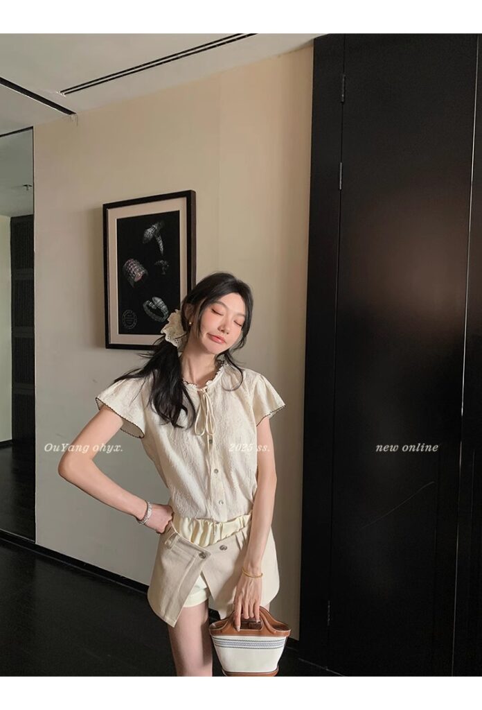 区区欧阳老钱风小飞袖衬衫女夏季设计感小众短袖衬衣撞色系带上衣 60 1746254479 详情图片 68