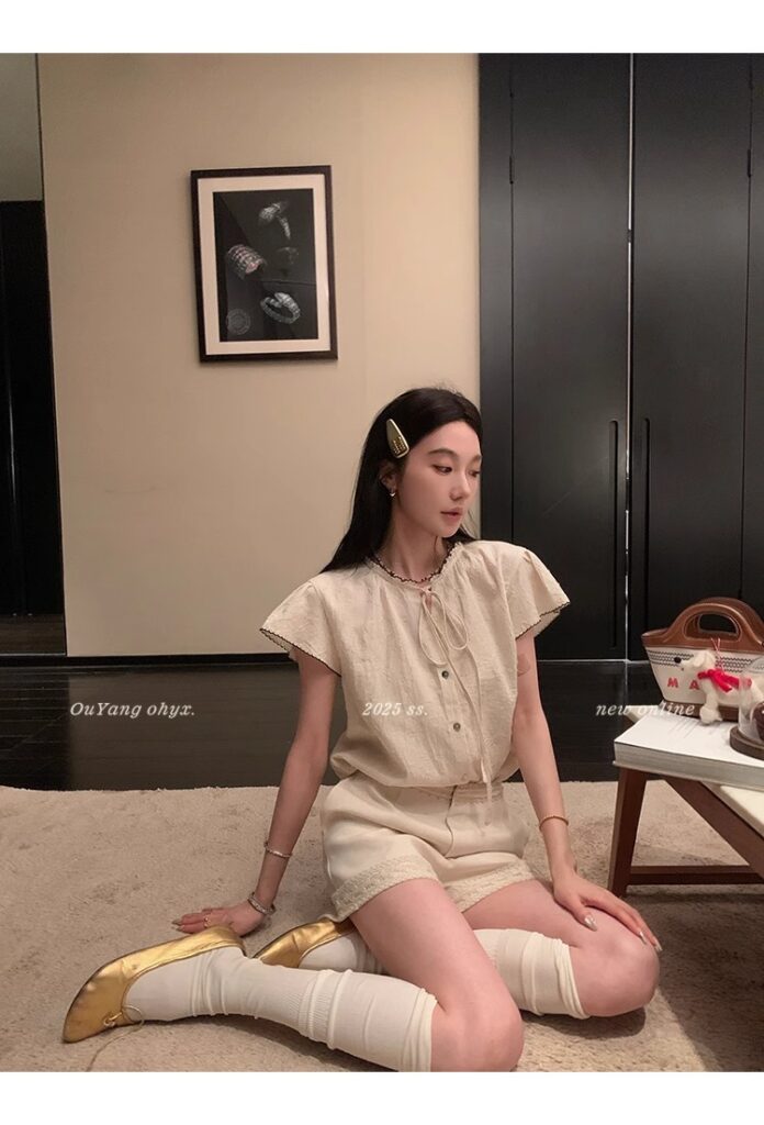 区区欧阳老钱风小飞袖衬衫女夏季设计感小众短袖衬衣撞色系带上衣 61 1746254479 详情图片 69