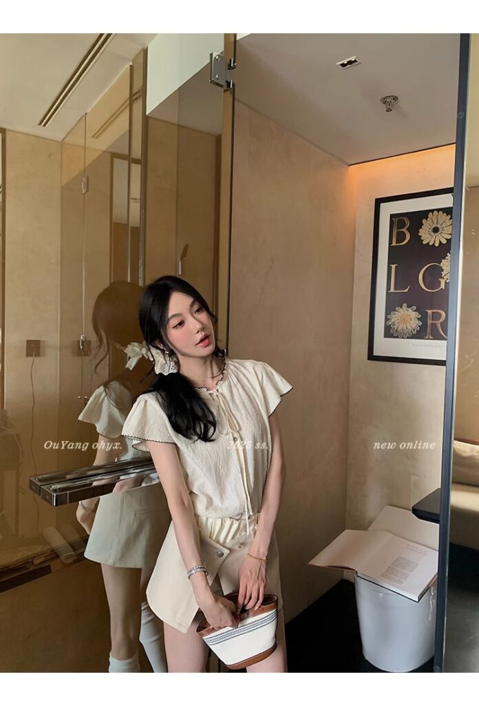 区区欧阳老钱风小飞袖衬衫女夏季设计感小众短袖衬衣撞色系带上衣 63 1746254479 详情图片 71