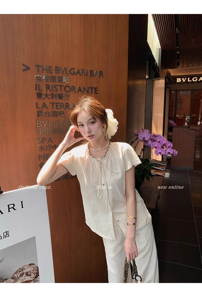 区区欧阳老钱风小飞袖衬衫女夏季设计感小众短袖衬衣撞色系带上衣 64 1746254479 详情图片 72