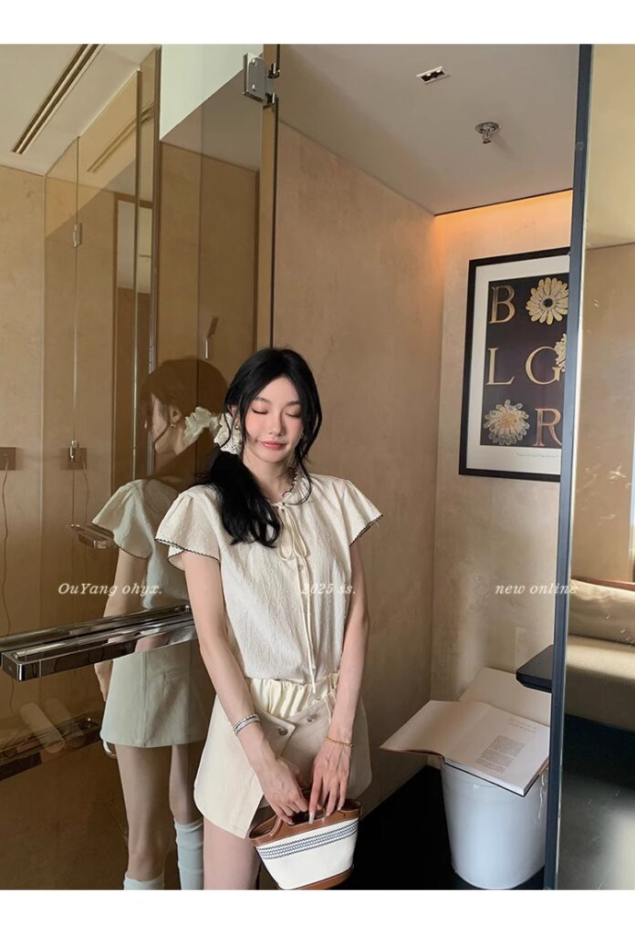区区欧阳老钱风小飞袖衬衫女夏季设计感小众短袖衬衣撞色系带上衣 65 1746254479 详情图片 73