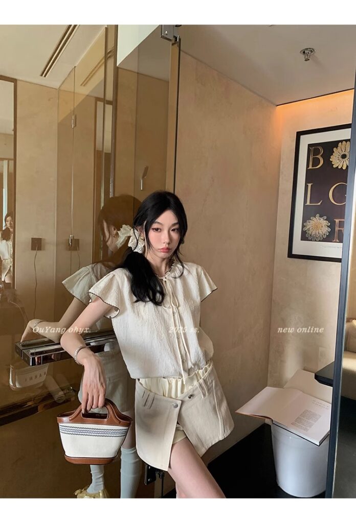区区欧阳老钱风小飞袖衬衫女夏季设计感小众短袖衬衣撞色系带上衣 67 1746254479 详情图片 75
