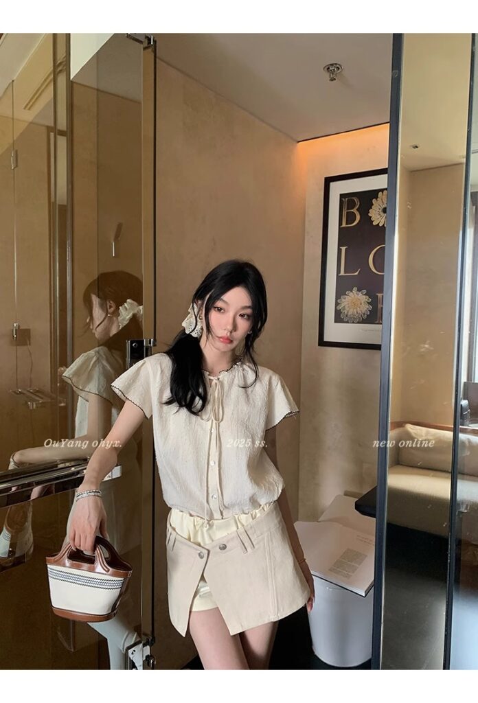 区区欧阳老钱风小飞袖衬衫女夏季设计感小众短袖衬衣撞色系带上衣 69 1746254479 详情图片 77
