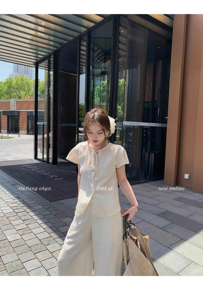 区区欧阳老钱风小飞袖衬衫女夏季设计感小众短袖衬衣撞色系带上衣 70 1746254479 详情图片 78