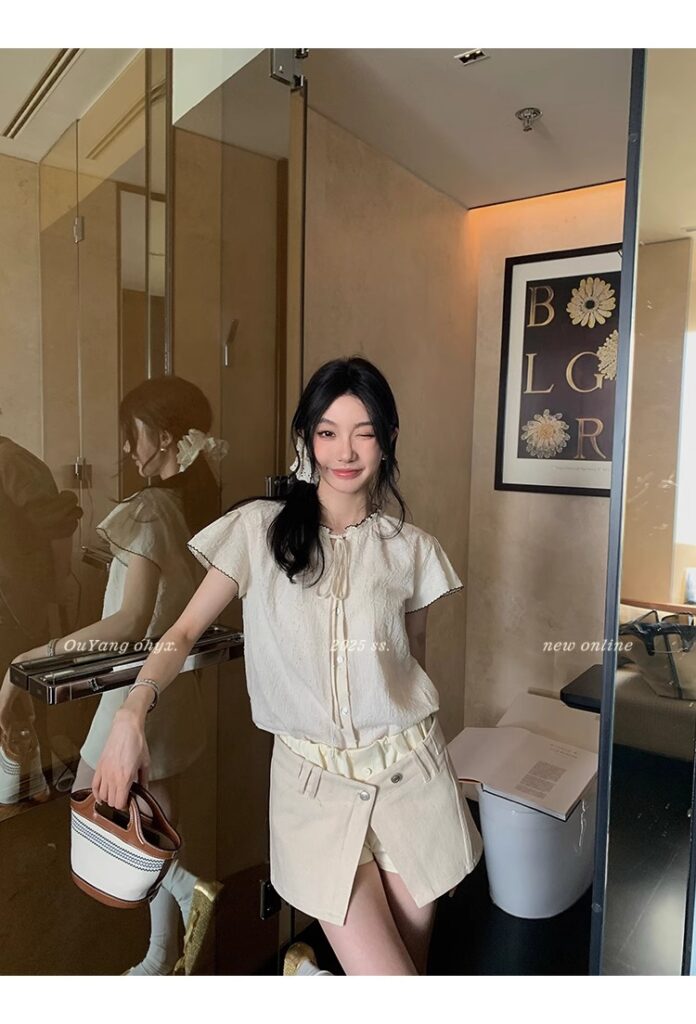 区区欧阳老钱风小飞袖衬衫女夏季设计感小众短袖衬衣撞色系带上衣 71 1746254479 详情图片 79