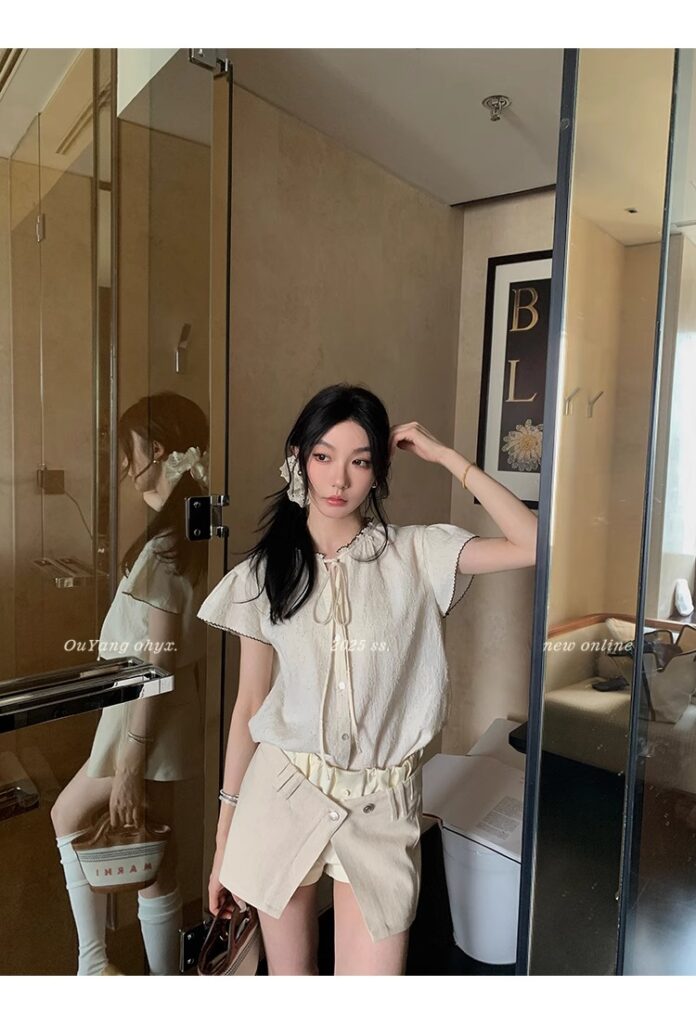 区区欧阳老钱风小飞袖衬衫女夏季设计感小众短袖衬衣撞色系带上衣 73 1746254479 详情图片 81