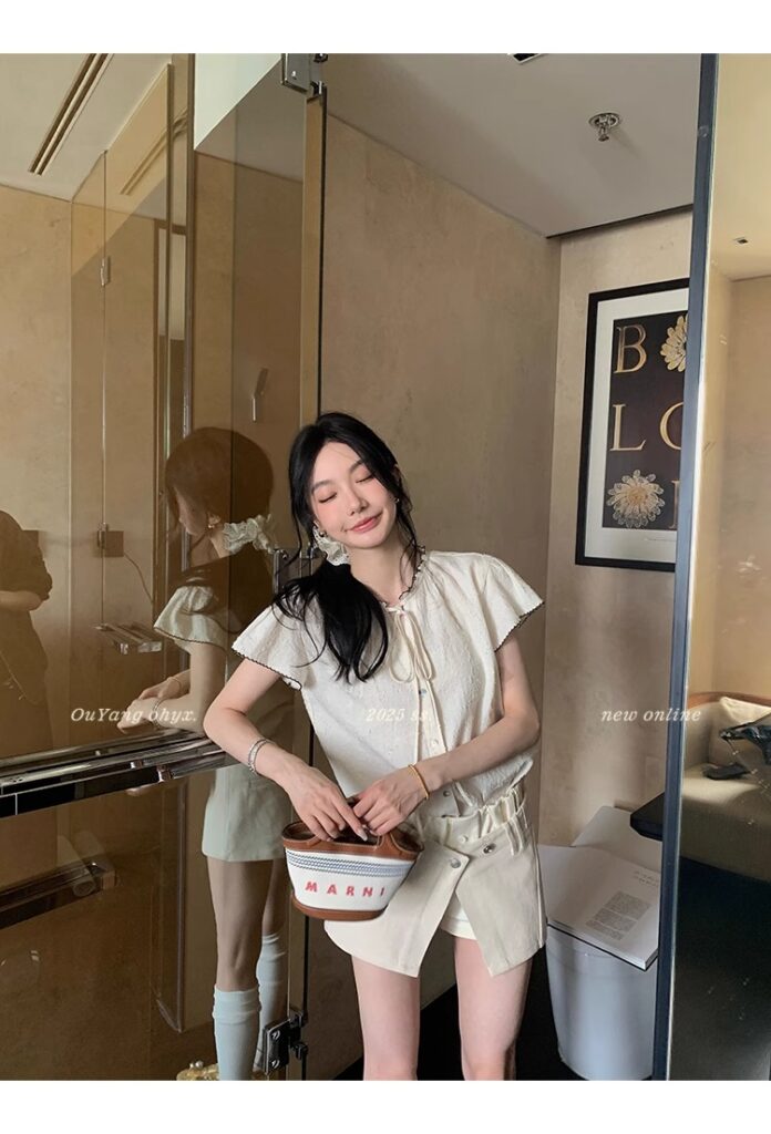 区区欧阳老钱风小飞袖衬衫女夏季设计感小众短袖衬衣撞色系带上衣 75 1746254479 详情图片 83
