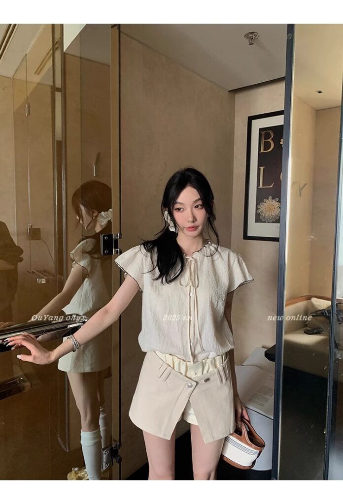 区区欧阳老钱风小飞袖衬衫女夏季设计感小众短袖衬衣撞色系带上衣 77 1746254479 详情图片 85