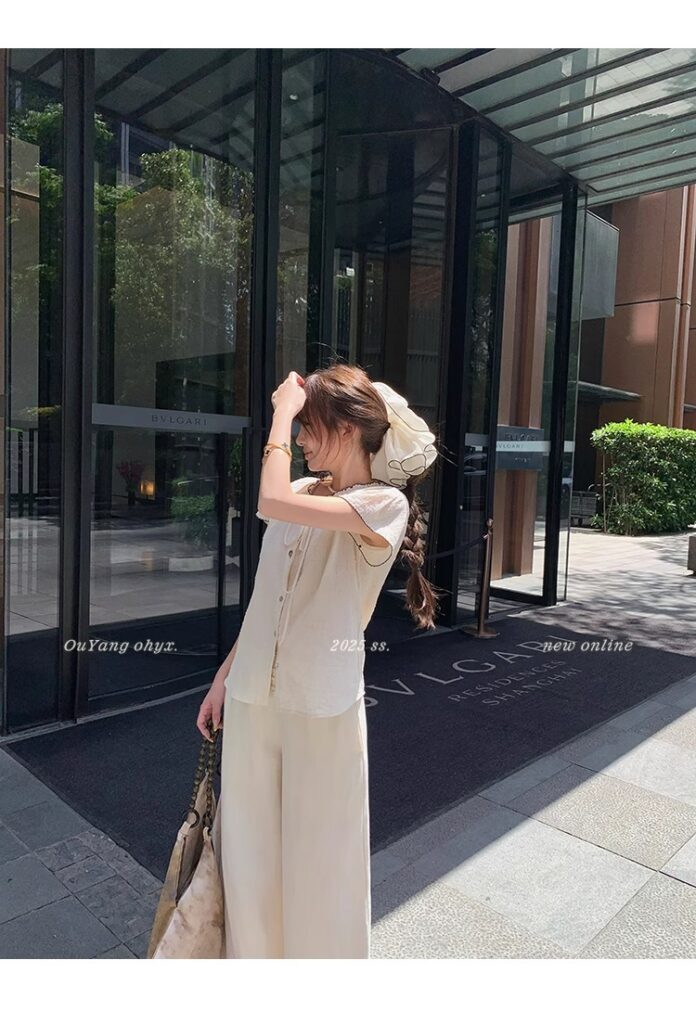 区区欧阳老钱风小飞袖衬衫女夏季设计感小众短袖衬衣撞色系带上衣 74 1746254480 详情图片 82